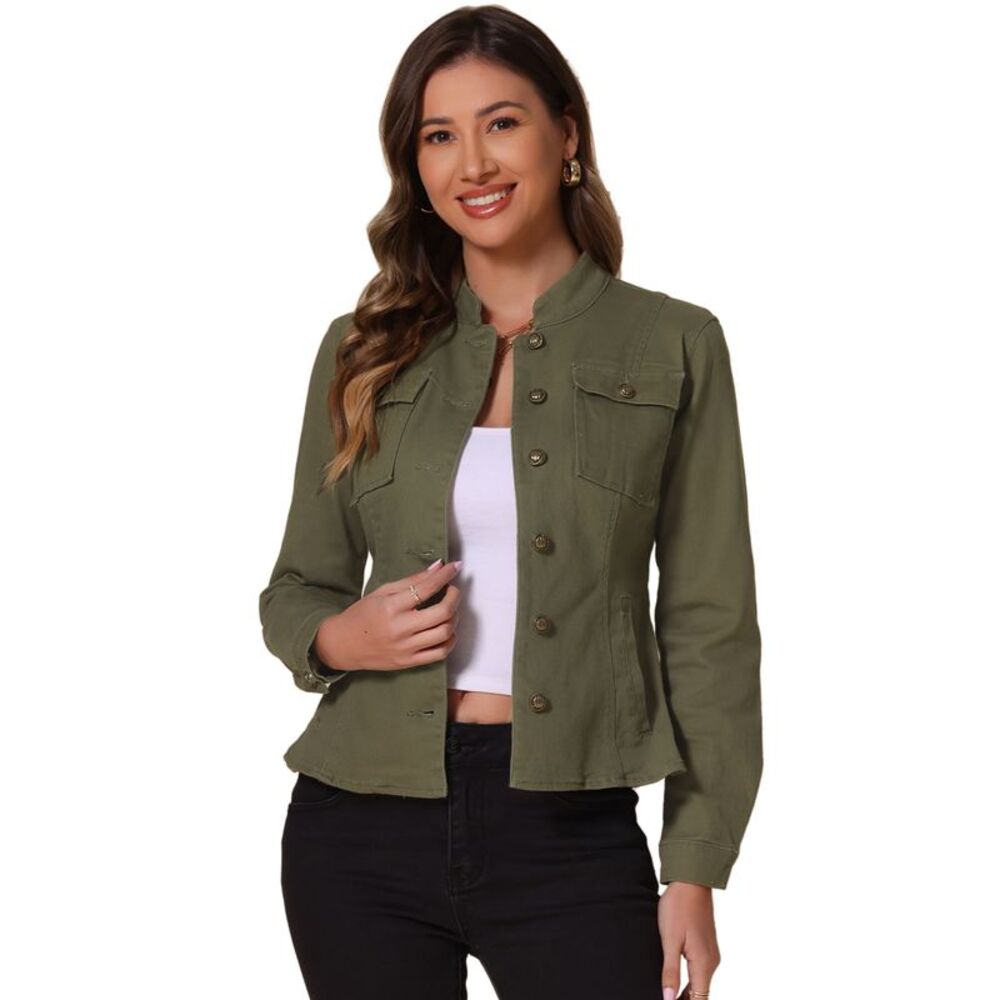 Casual Denim Jacket Classic Stand Collar Long Sleeve Jean Jacket Green